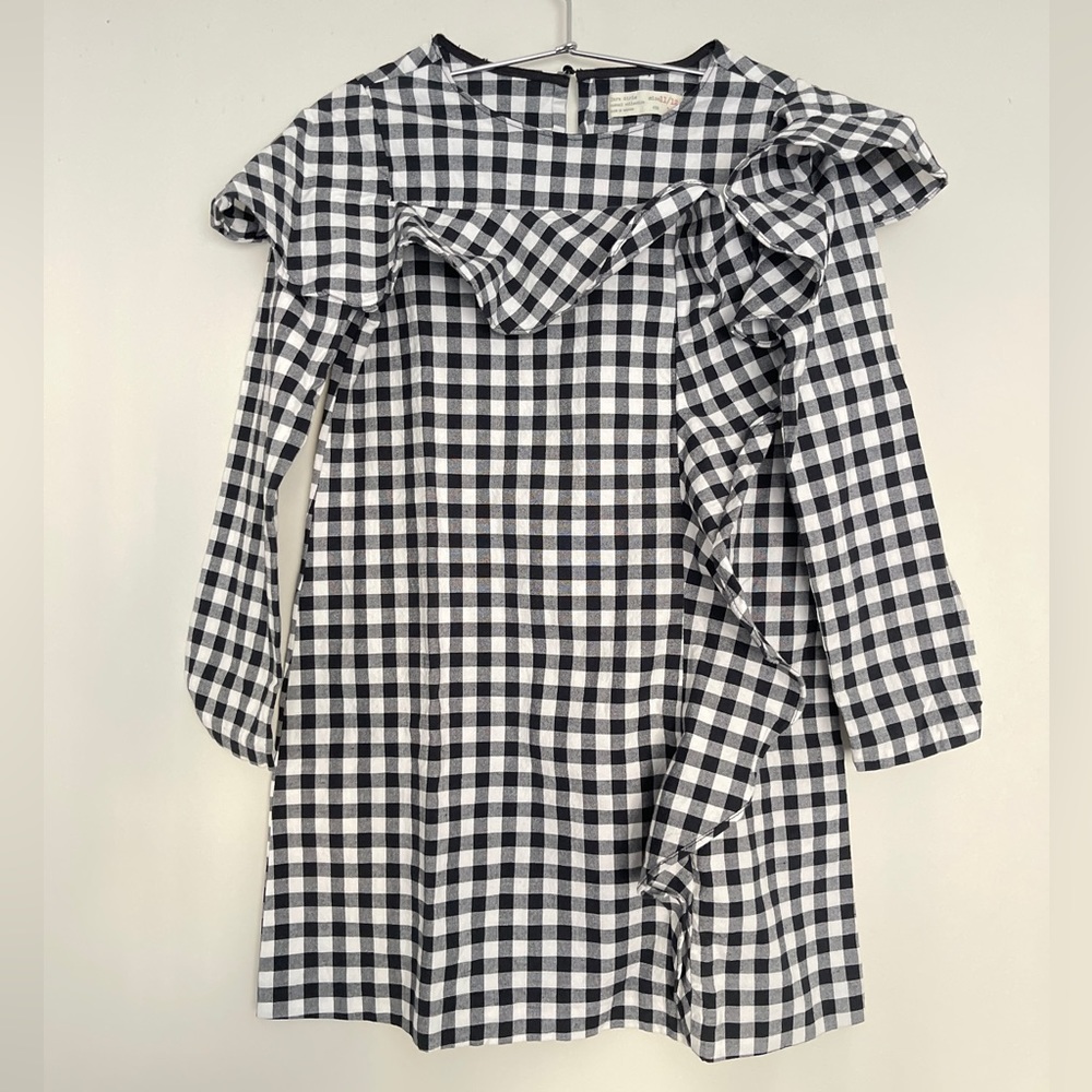 ZARA Girls Gingham Ruffled Front Long Sleeve Girls Dress Size 11/12
